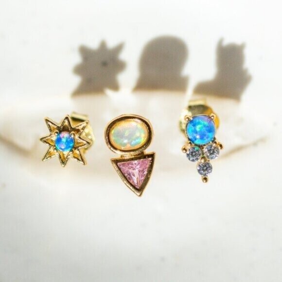 Opal Star Studs Blue opal Starburst Earrings North Star Studs Tiny Gold Studs - Picture 5 of 13